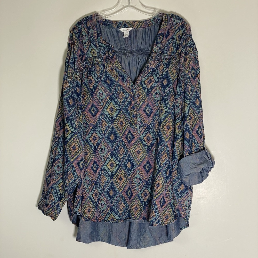 Intro Denim Top Womens 3X Multicolor Chambray Boho Art To Wear Colorful Festival